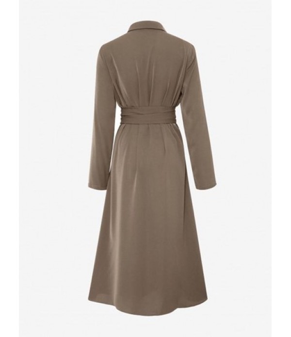 Tie Waist Long Sleeve Midi Shirt Dress