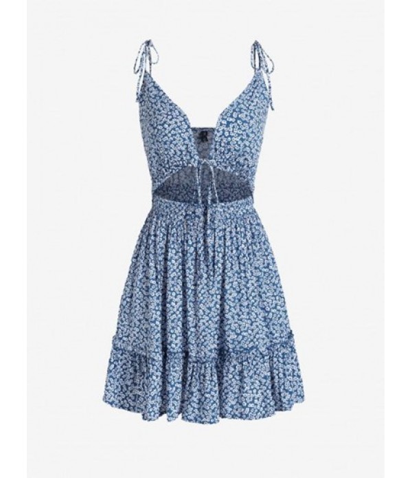 Ditsy Print Ruffle Cutout Tie Shoulder Dress