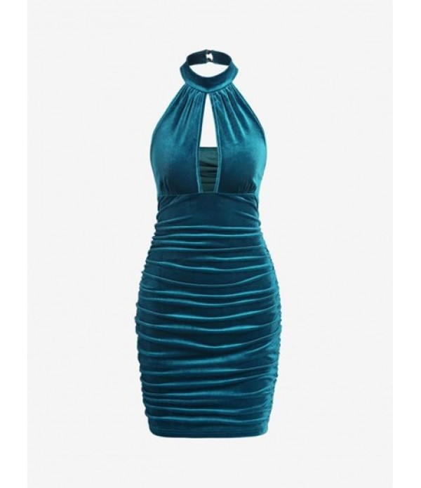 Halter Velour Cutout Ruched Bodycon Dress